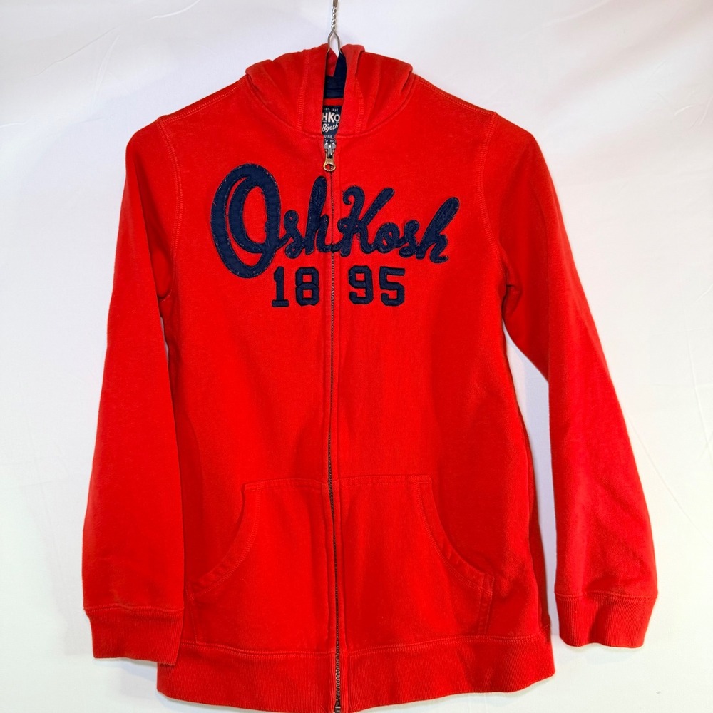 OshKosh Bgosh Kids Red Full Zip Hoodie Navy Chenille Logo‎ Sweatshirt Size 14